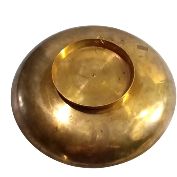 Vintage Brass Hanging Plate Bowl Etched Scene Musician in Palm Oasis Purple Rim - Picture 5 of 6